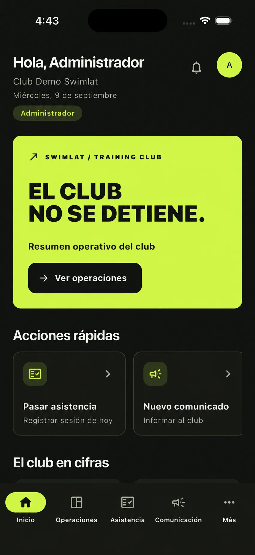 Inicio de Swimlat para Club Demo Swimlat, con accesos a atletas, asistencia, tiempos y pagos